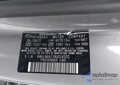 2022 Hyundai Elantra Hybrid Limited z USA, uszkodzony, nr VIN KMHLN4AJ1NU014532